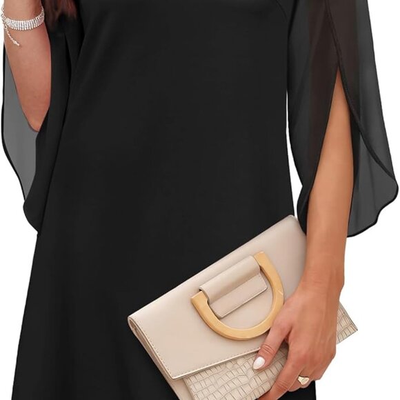 Chic Black Cocktail Dress with Airy Chiffon Sleeves - Wedding Guest Essential - Picture 1 of 5